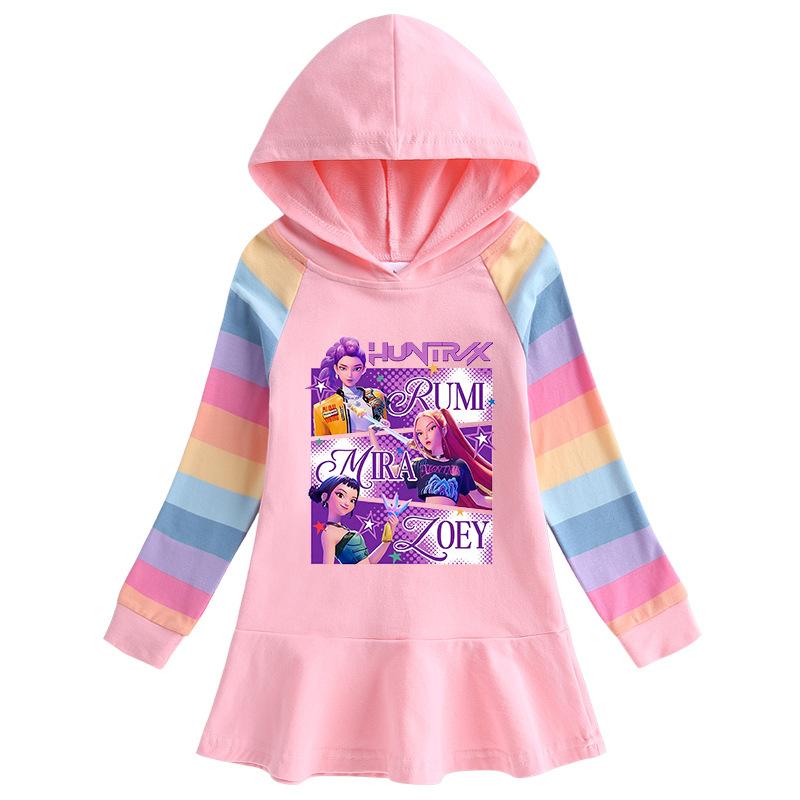 Spring Autumn Kpop Witch Hunting Team Lotus Leaf Edge Cartoon Rainbow Girls' Dress Cotton Long Sleeve Hoodie Hundred Fold Princess Dress