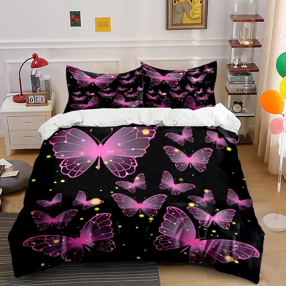 3Pcs Pink Glowing Butterfly Bedding Set, Translucent Butterflies with Sparkles Print Duvet Cover + 2 Pillowcases, Dreamy Decor