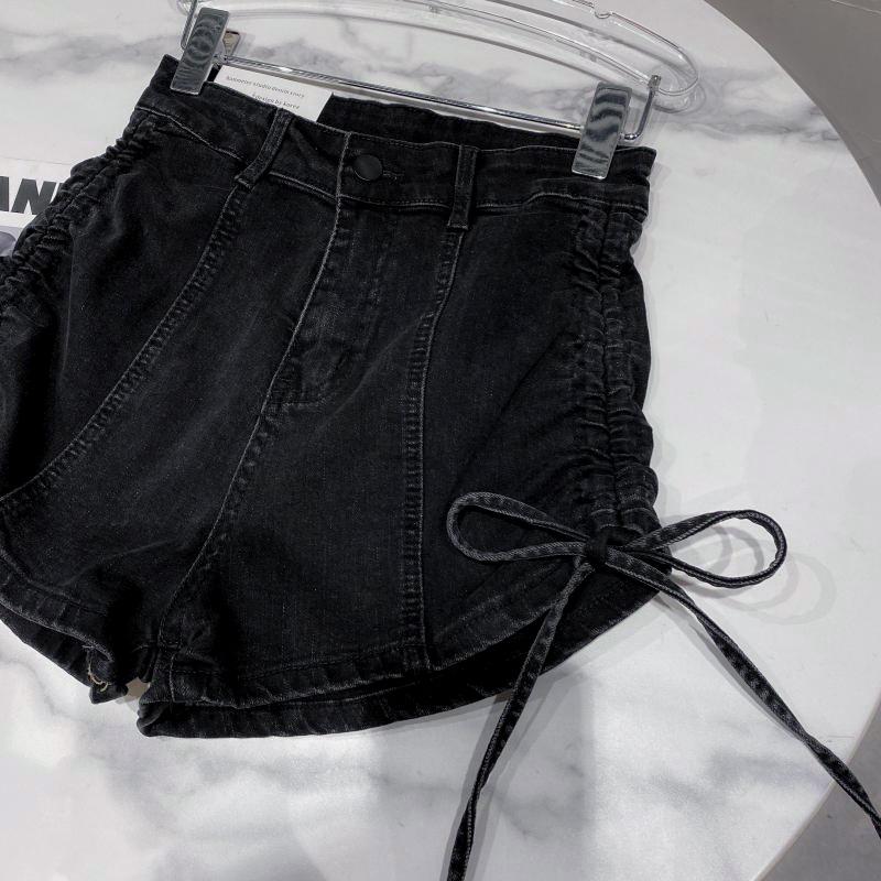 

Удобные узкие модные и универсальные джинсовые шорты Sense, женские летние эластичные узкие прямые брюки-трапеция с высокой талией и завязками M чёрный