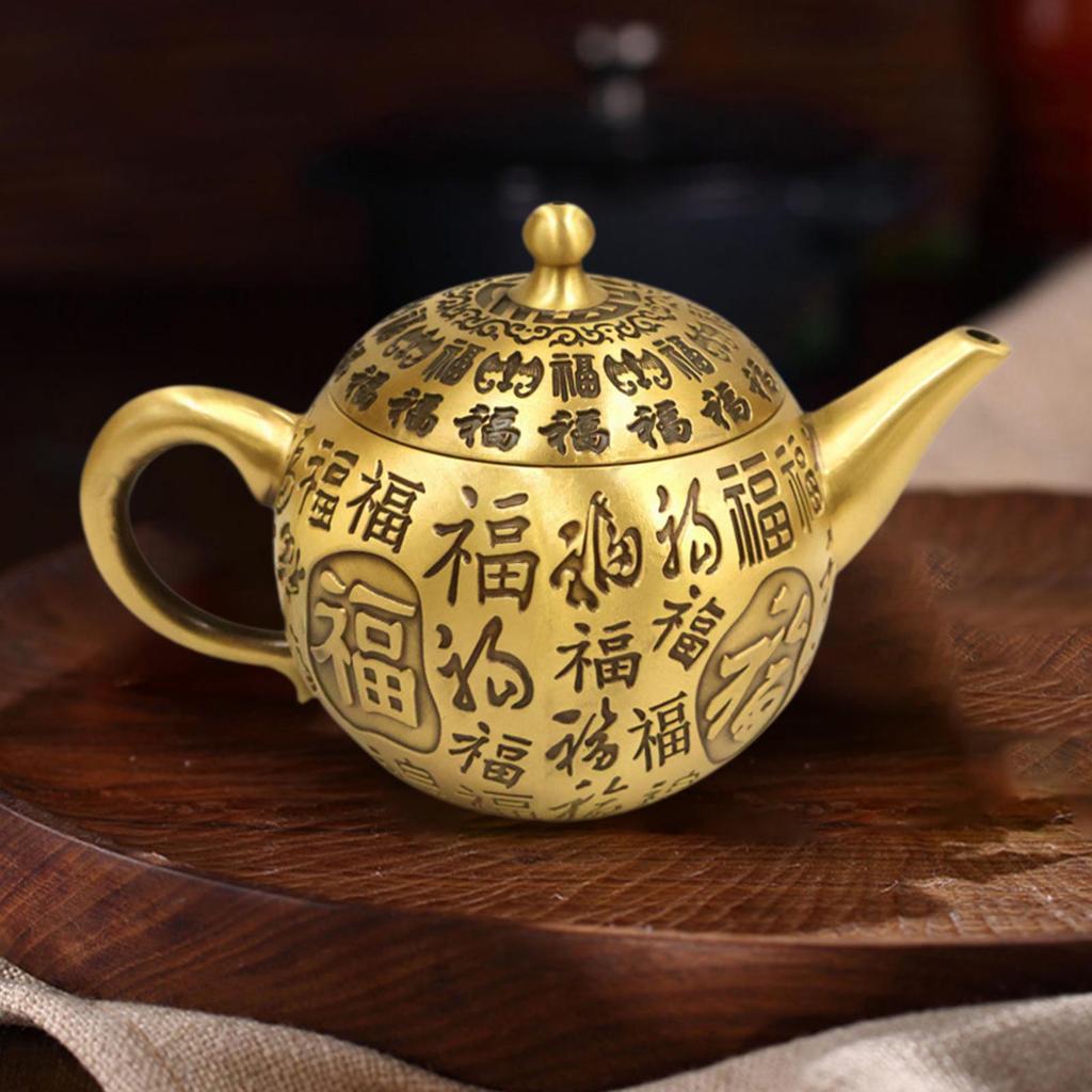 Brass Traditional Chinese Fu Characters Teapot Feng Shui Decoration Sturdy Versatile 6.3x3.9inch