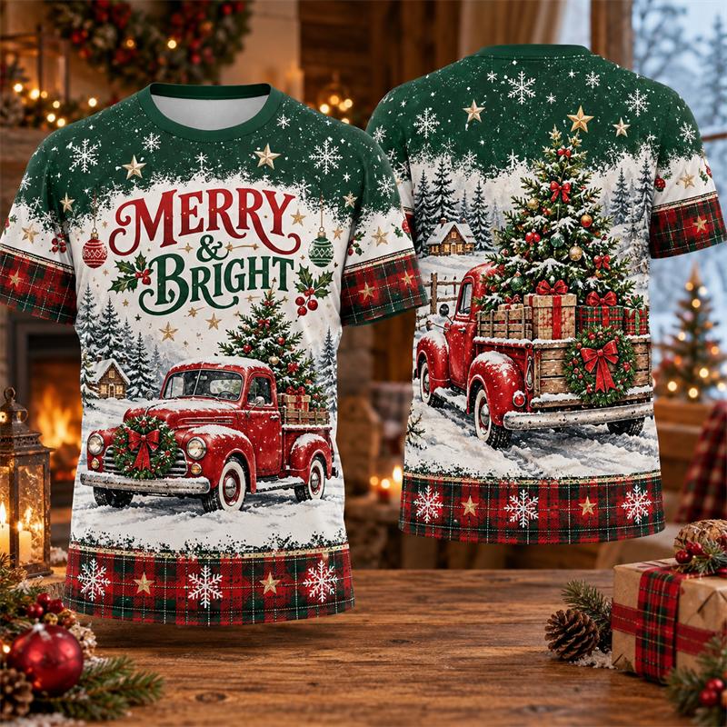 Men's Christmas 3D Print T Shirt,  Santa Holiday Tee, Christmas Tree Snowflake Graphic Short Sleeve Shirt, Festive Gift Tops