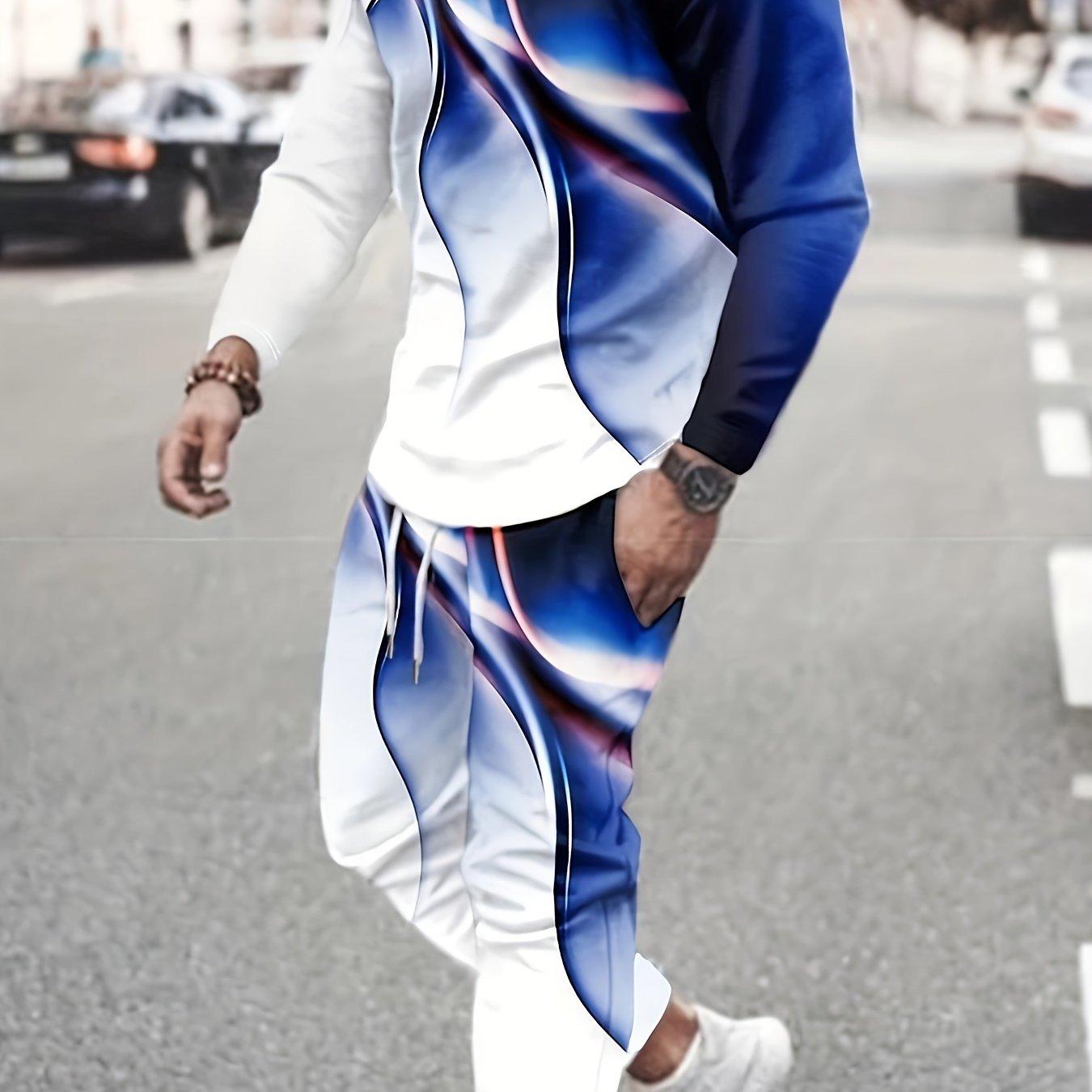 

Комплект из 2 предметов с 3D-образным узором - спортивные костюмы, повседневная футболка с круглым вырезом и длинными рукавами, спортивные штаны на шнурке, комплект для бега для мужчин XL