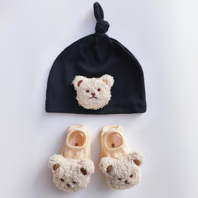 Winddichte Mütze und Bodensocken-Set für Säuglinge Niedliche Bär-Baby-Beanie-Mütze, Neugeborenen-Knotenmützen, Cartoon-Kleinkindermütze