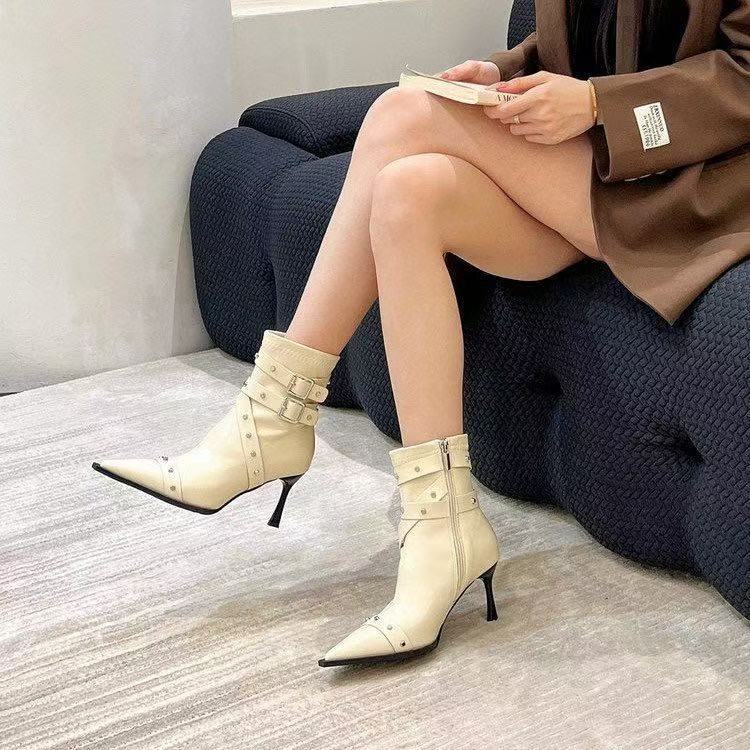 Rivet belt buckle pointed high-heeled short boots women's 2025 autumn new fashionable versatile soft leather single boots