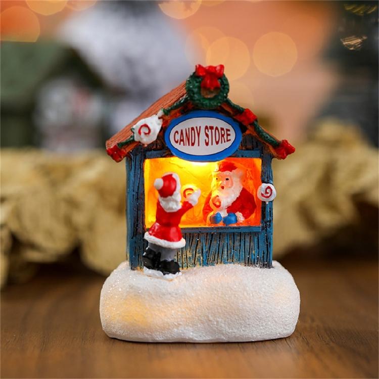 LED Light Up Christmas Ornament Resin House Shape Figurine Desktop Decoration Miniature Cottage Statue for Office