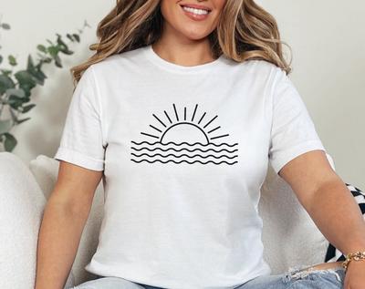 Sunrise Ocean Waves Graphic T-Shirt and Kids Tshirt, Minimalist Beach Sunrise Design, Casual Summer Wear for All