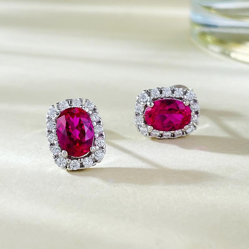 Longlongjin S925 Silver 1 Carat Simulated Ruby Stud Earrings for Women - Simple, Versatile Style