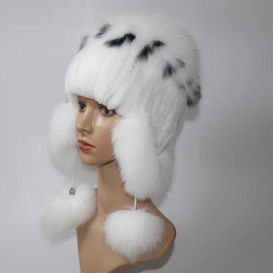 

Эластичные вязаные шапки-бини из меха кролика рекс ручной работы, шапка из натурального меха с ушками из меха лисы, шапочки из натурального меха для женщин, дизайнерские Elastic(52-60cm) белый