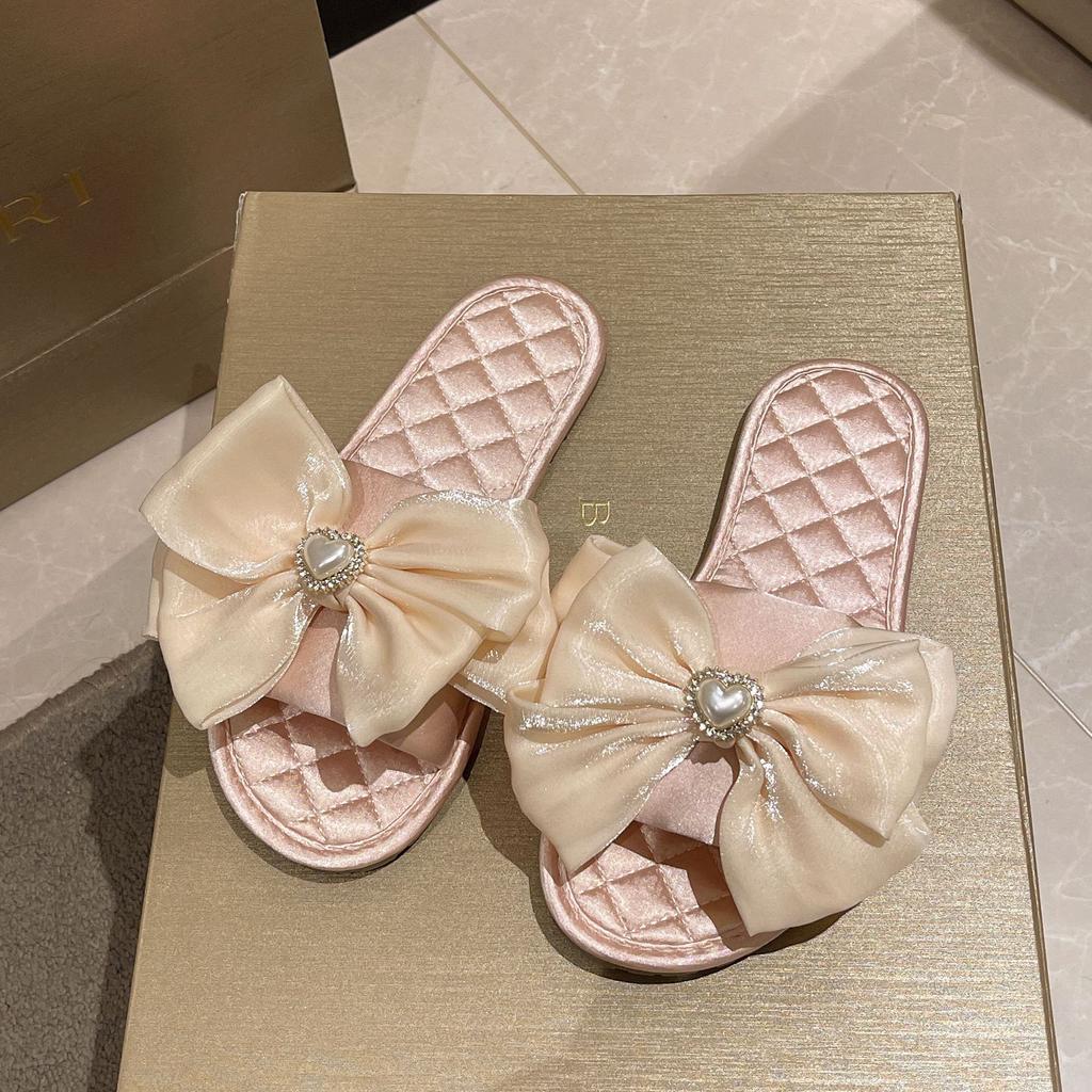 Fashion Premium Sense Satin Womens Slippers 2025 Summer New Home Soft-Soled Open-Toed Sandals Bow Sweet Wind One-Word Slippers Women