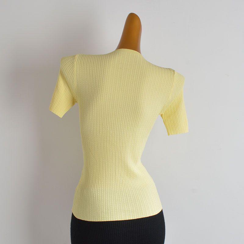 French Style New Arrival Solid Color and V-neck Drawstring Lace Ice Silk Sweater Women's Clothing Summer Silm Fashion Short Sleeve T-shirt