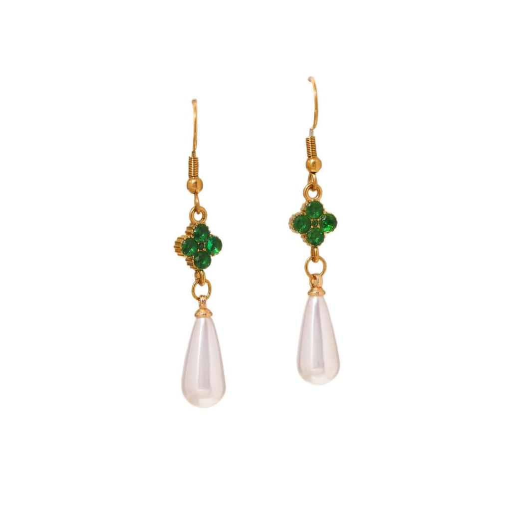 White Diamond & Pearl Four-Leaf Clover Stainless Steel Earrings for Women - Fashionable Water Drop Pendant Accessories