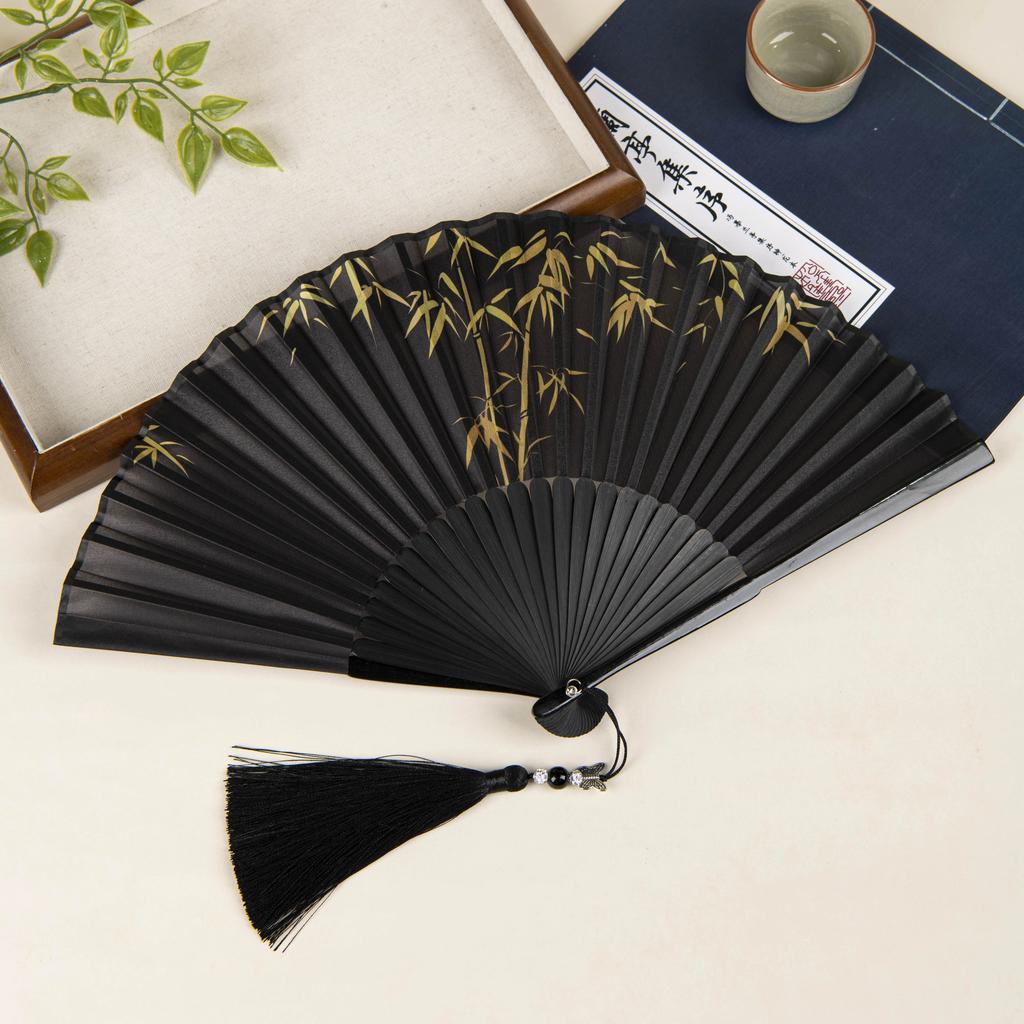 Ancient Style Folding Fan, Chinese Style Black Bamboo Fan, Golden Bamboo Women's Fan, Classical Qipao Accessory, Portable Folding Fan