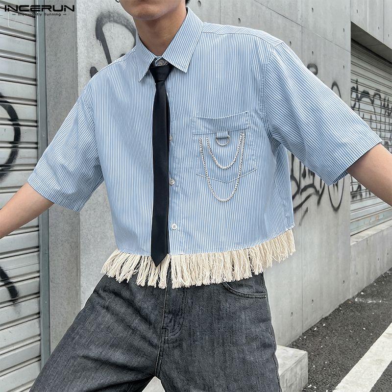 INCERUN Summer Men Short Sleeve Chain Decoration Striped Loose Casual Tassel Shirts Tops