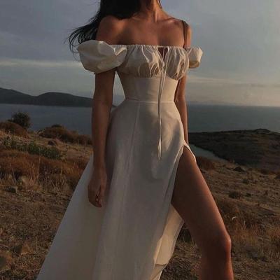 Vestidos de primavera Mujer Temperamento Commuter Manga de burbuja Corbata Falda larga