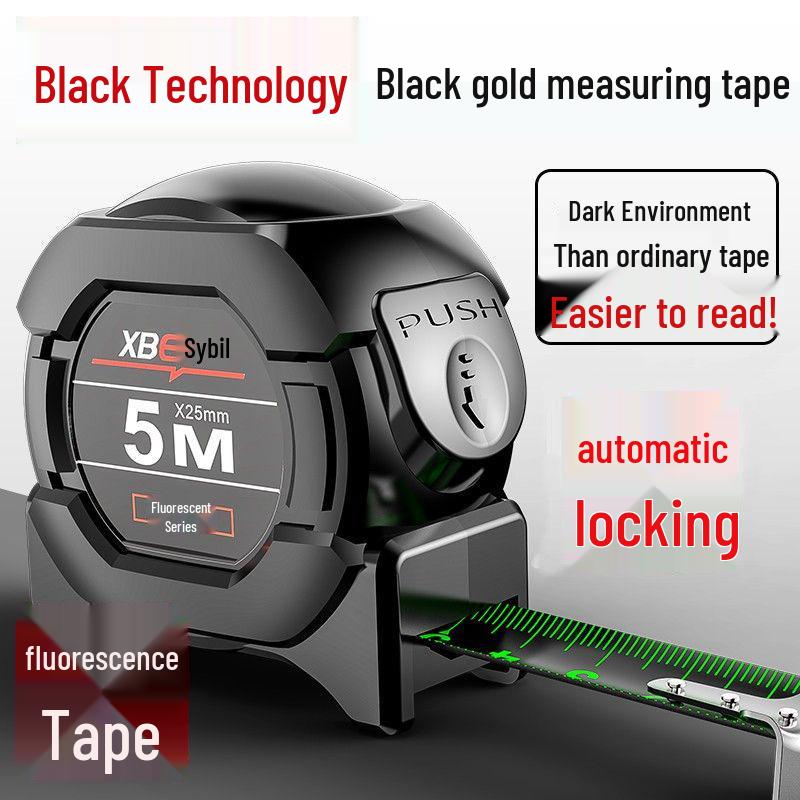 High-Precision Self-Locking Fluorescent Steel Tape Measure, 5m, Wear-Resistant Laser-Marked Black Gold Box.