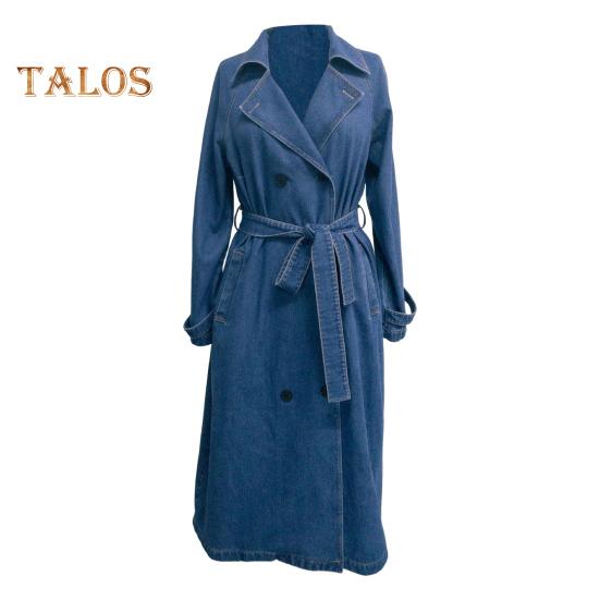 Women Denim Jacket Double-breasted with Side Pockets Lace-up Tie Waist Mid Length Solid Color Turn-down Collar Overcoat Streetwear Outdoor