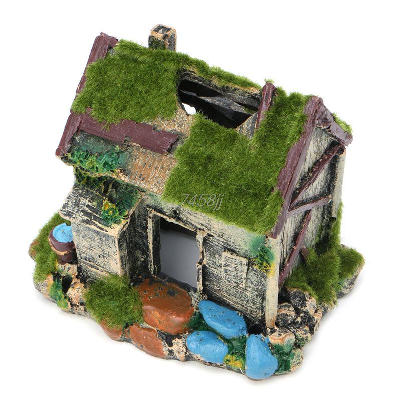 Aquarium Fish Tank Decoration: Resin Rockery Ornament Hiding House for Small Fish with Moss