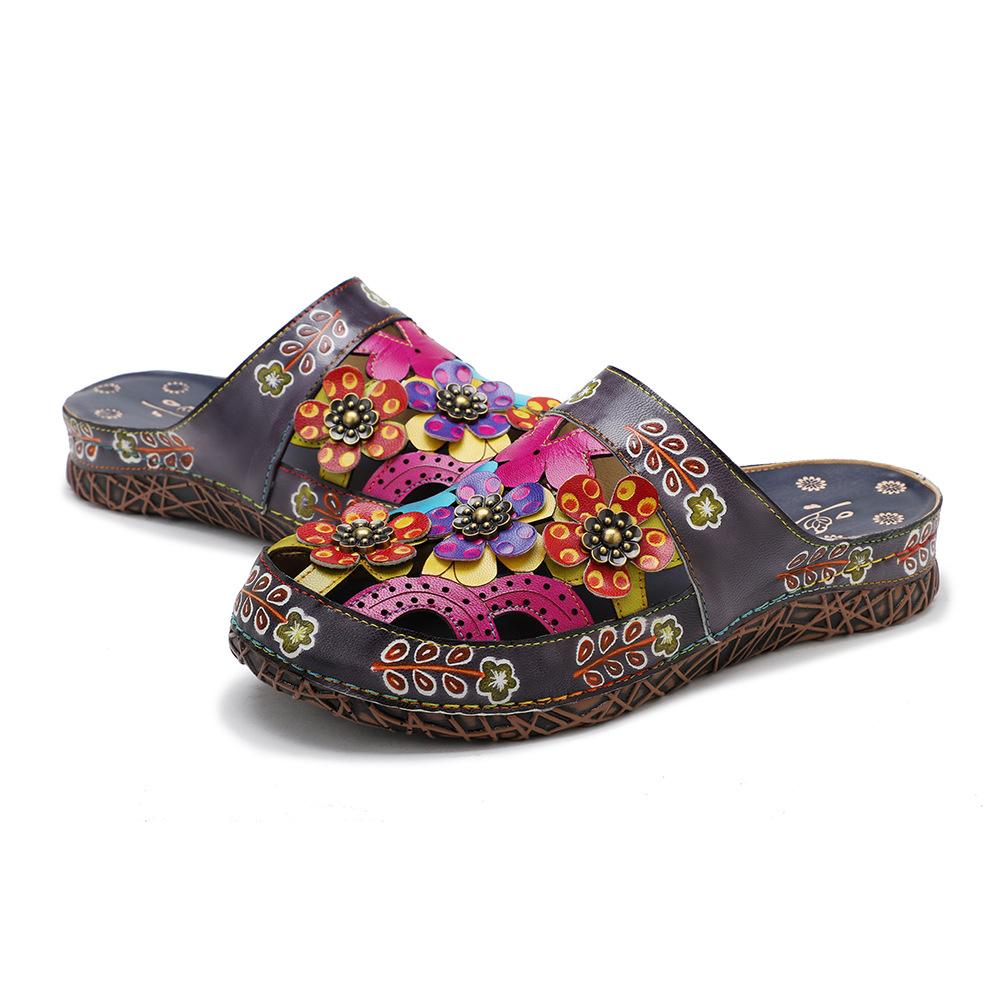 Johnature Pantoufles Femmes Chaussures En Cuir Véritable Peint À La Main À L'extérieur Diapositives À La Main Fleur Sandales Plates