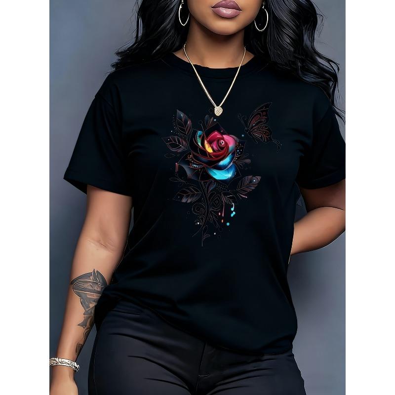 

European sizes Women s Black & Pink Rose & Print T-Shirt - Loose Fit Short Sleeve Round Neck Casual Top, Breathable Summer Blouse 4XL чорний