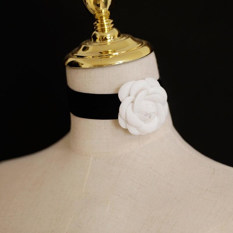 Elegant Camellia Choker Necklace Bracelet White Flower Collar Necklace Vintage Velvet Choker Bracelet Fashion Jewelry