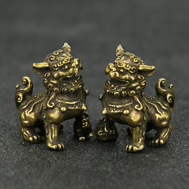 

1pair Pure Copper Lucky Lion King Figurines Miniatures Desk Ornaments Antique Bronze Chinese Animals Statue Home Feng Shui Decor