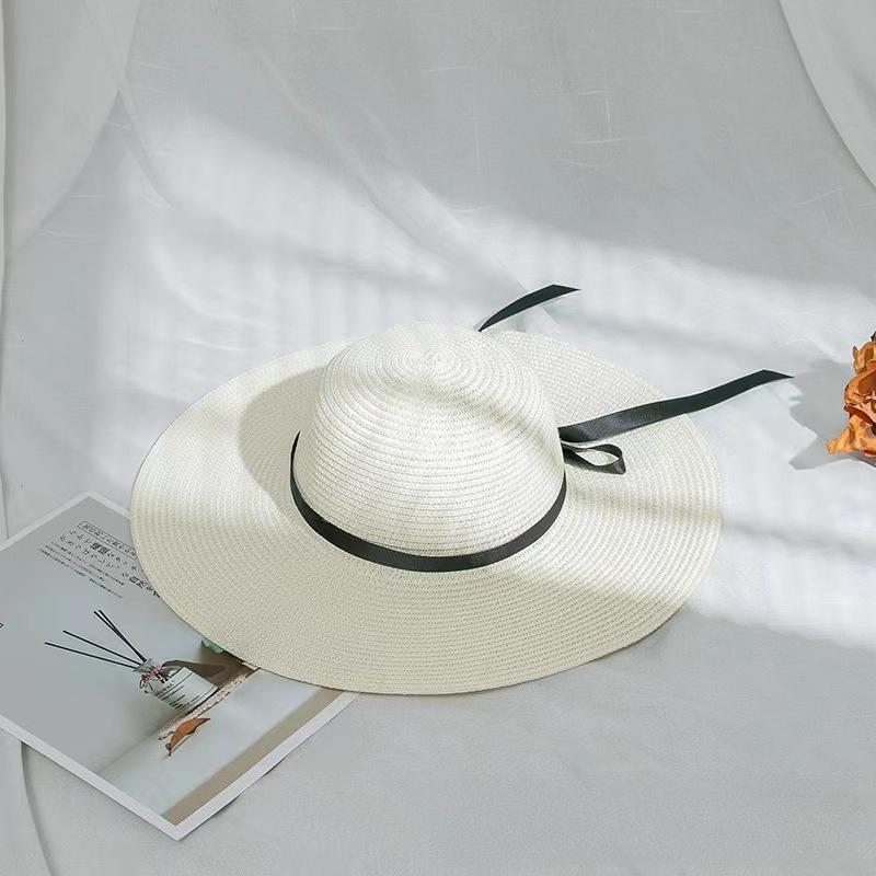 1Pc Wide Brim Summer Straw Hats Foldable Bow Design Foldable Beach Sun HatS for Women Korean Style Seaside Travel Accessory