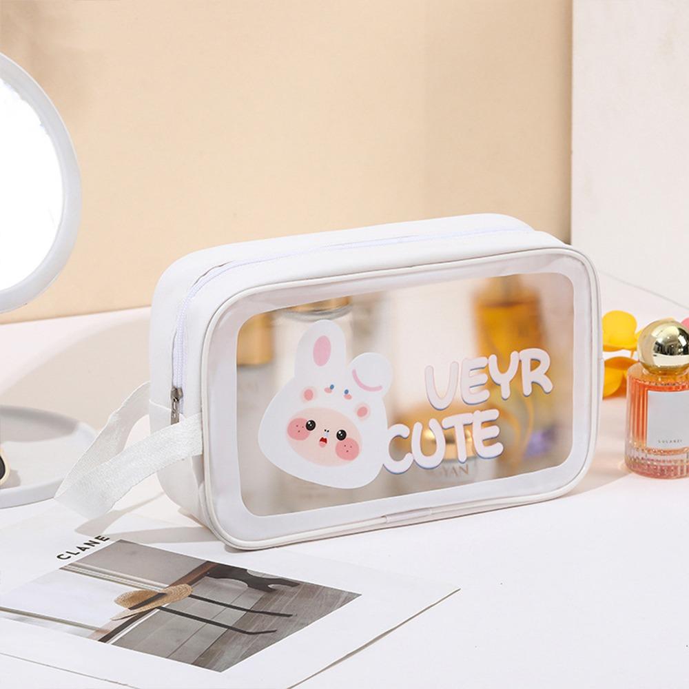 Portable PU Makeup Bag Transparent Large Capacity Travel Toiletry Pouch Cartoon Wet-Dry Separation Wash Bag for Women Girls