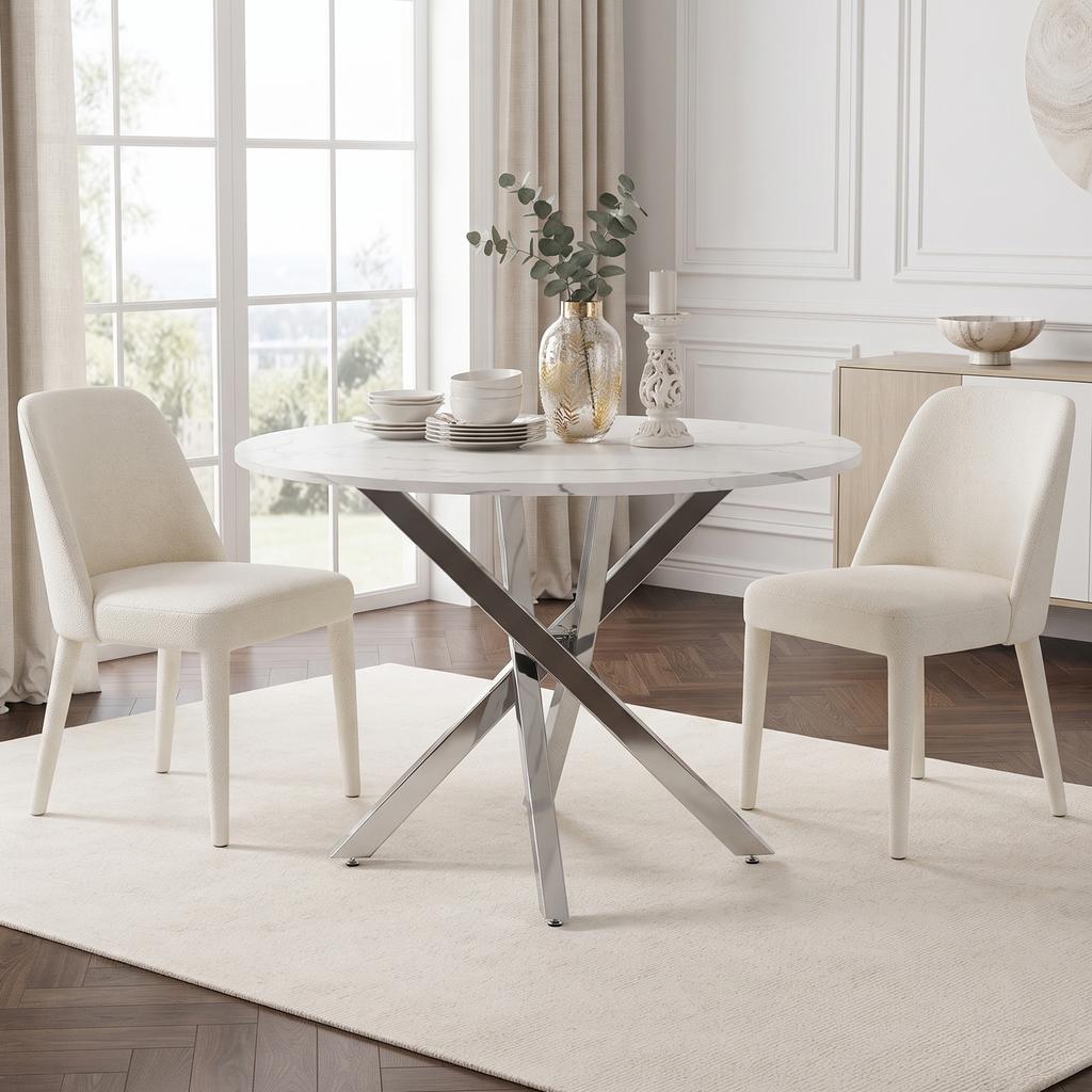 Runder Esstisch, 80 x 80 x 75 cm, Tischplatte in Marmoroptik, Beine in verzinktem Silber, moderner minimalistischer Stil, Weiß + Silber