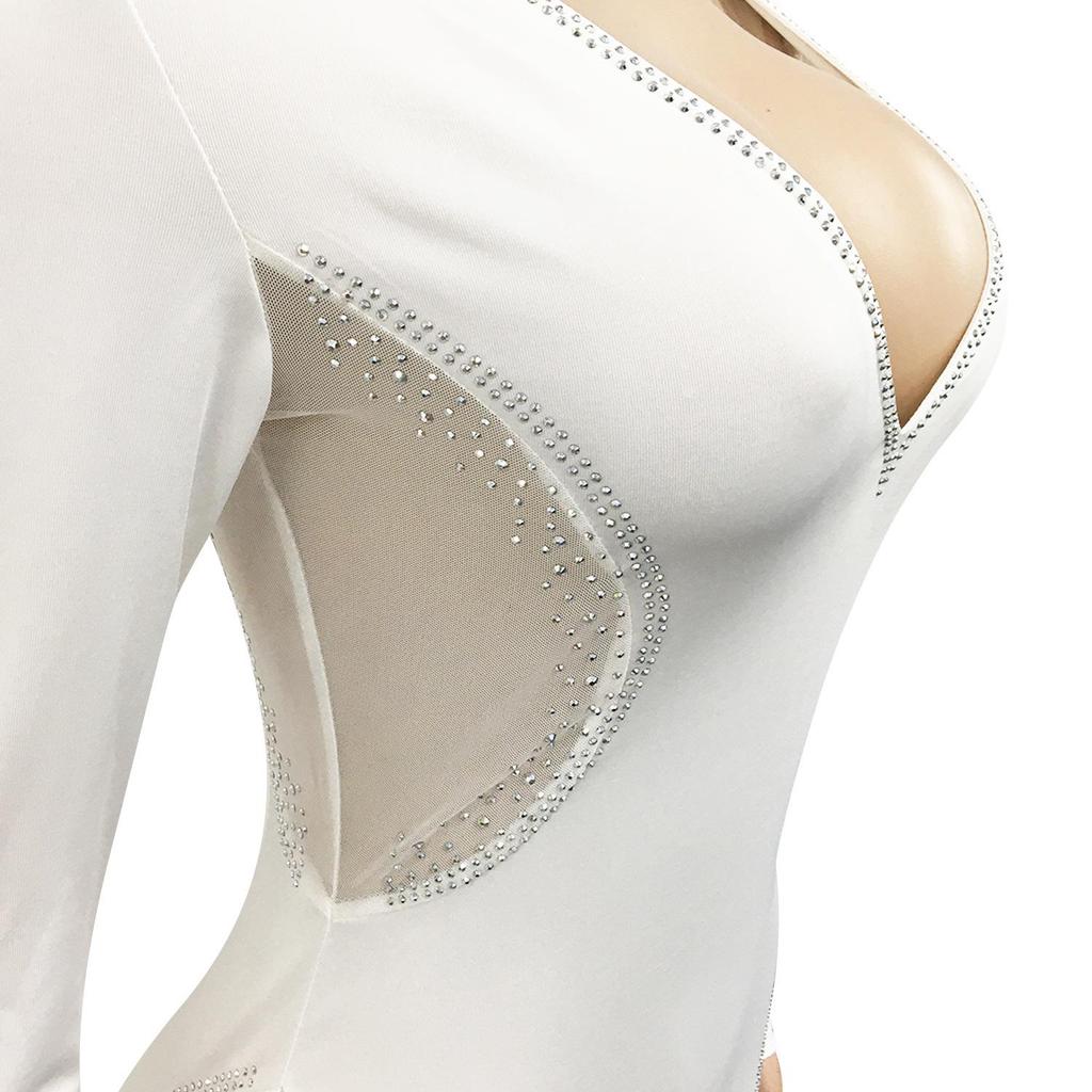 X5337: Sexy Deep V Rhinestone Party Dress with See-through Midi Skirt - European Fashion New Arrival