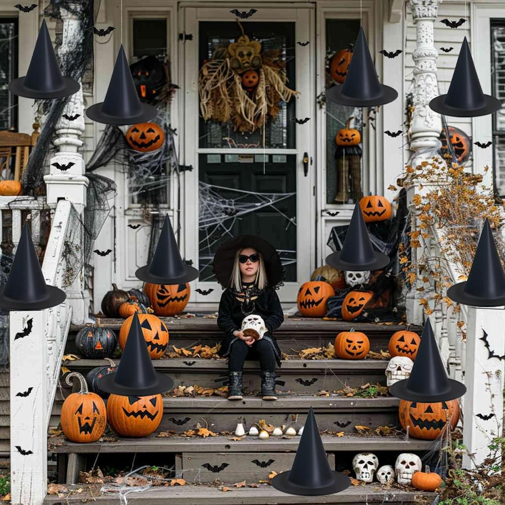 Dokeawo Witch Hats 8 Pack Halloween Witches Hat with 108 Feet Hanging Rope & 32Pcs 3D Bats, Hanging Witch Hats Halloween Decor Witches Costume