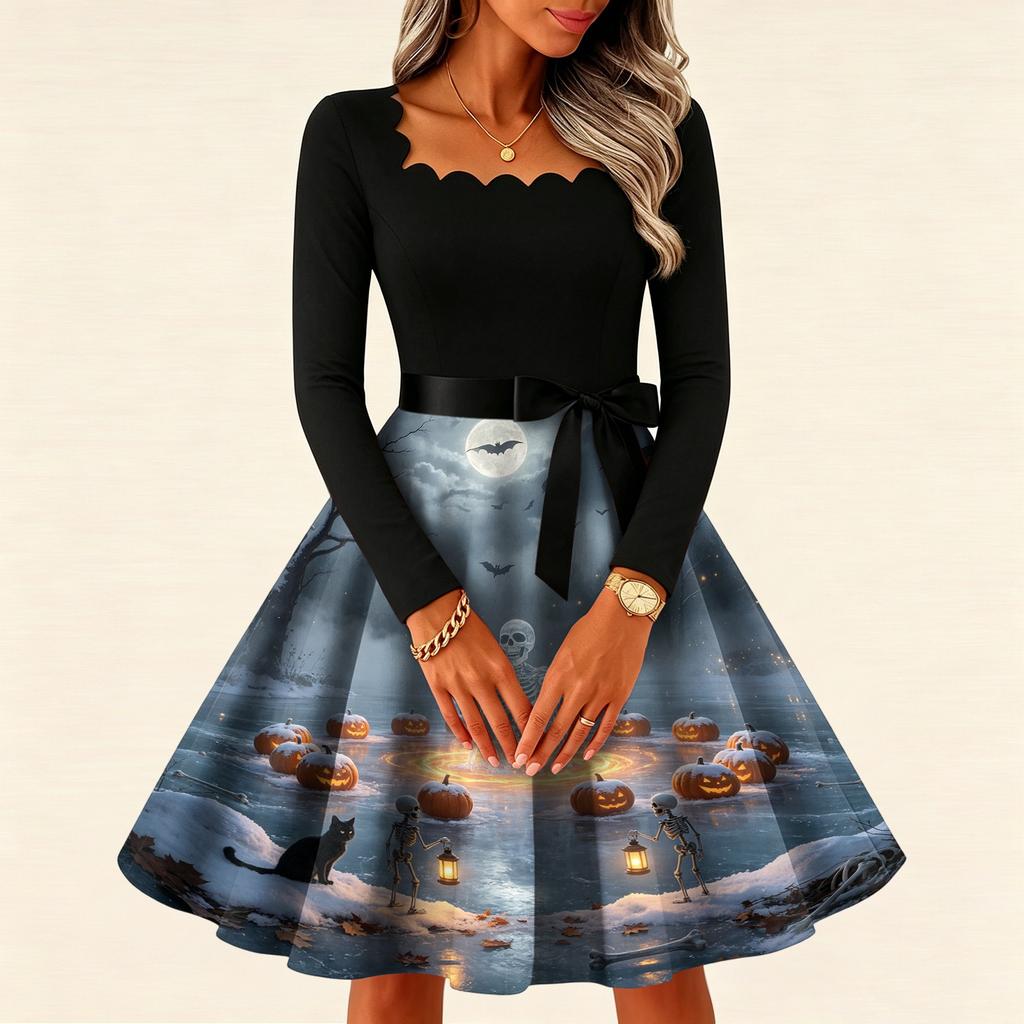 Women's Vintage Long Sleeve Square Neck Halloween Printed Party Dress for Evening Wear