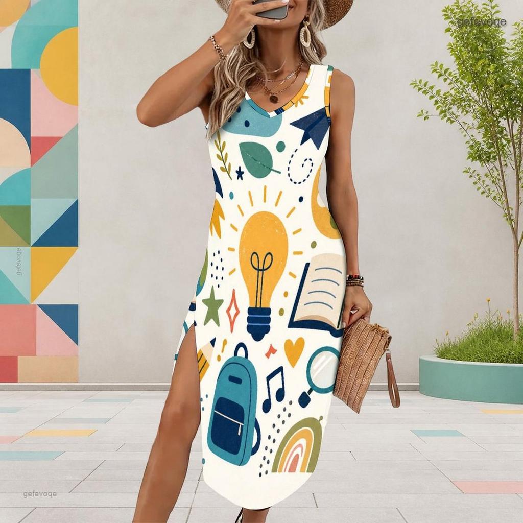 Women Plus Size U Neck Sleeveless Cartoon Excavator Printed Tank Dress High Side Slit Curved Hem Midi Dress