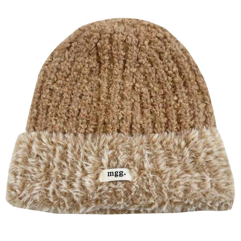 Cat Brother Korean Style Knit Hat: Color Block Plush, Warm Wool, Women's Large Head Circumference