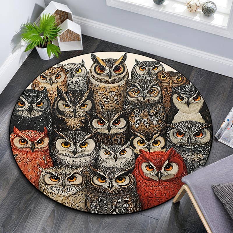 Owl Collage Round Area Rug,Carpet Rug for Living Room Bedroom Sofa Playroom Decor,Non-slip Floor Mat