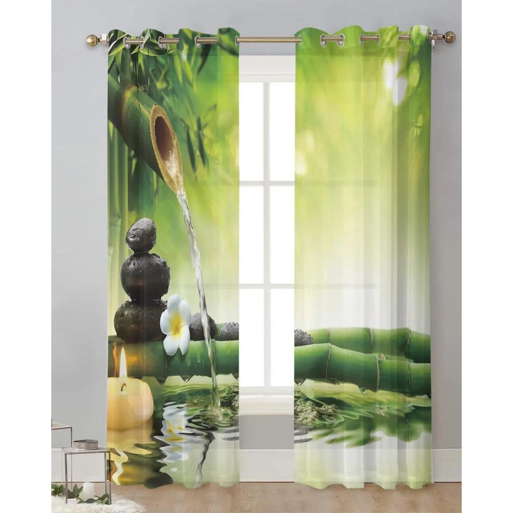 Zen Stone Forest Green Bamboo Forest Water Chiffon Transparent Curtains Perfect for Living Room Bed Chamber Decoration Window Voiles Tulle Curtain