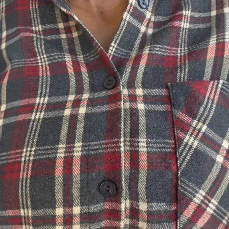 Frühling und Herbst Neues Karomusterhemd Damen Retro Revers Locker Langärmlig Poliertes Damenhemd