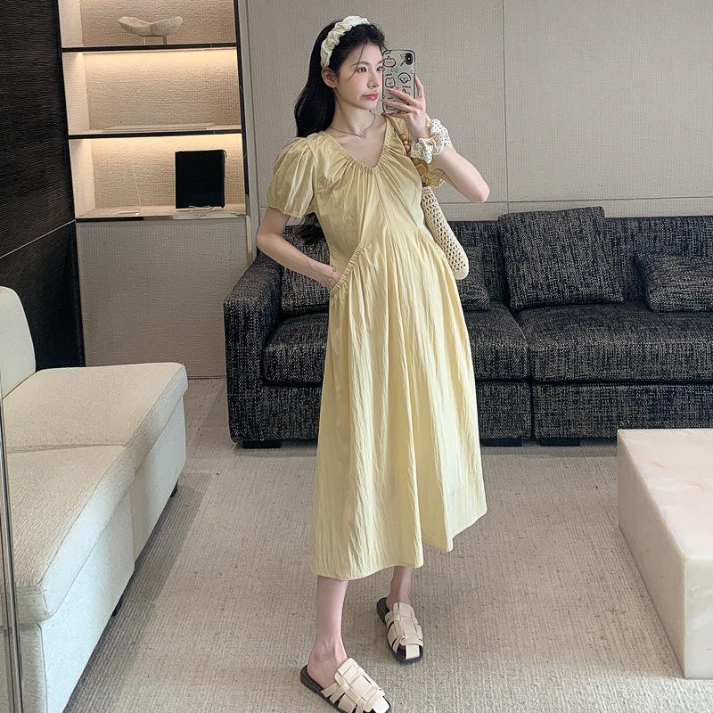 2026 Summer V-Neck Puff Sleeve Long Dress for Expectant Mothers - Slimming Design Large
