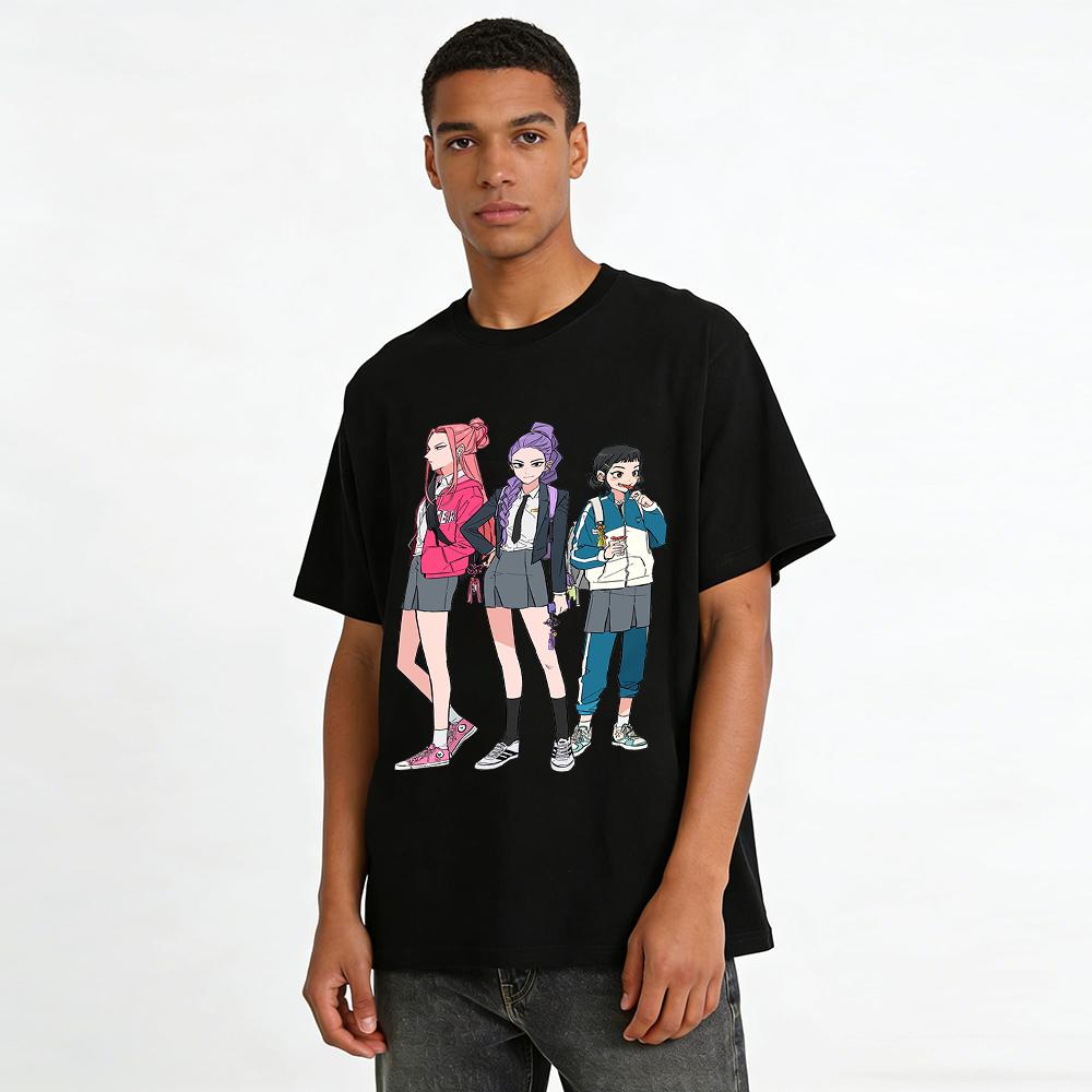 Anime Campus Girls Print Top Trendy Cartoon Illustration Casual Loose Fit Unisex Tee Pure cotton T-shirt