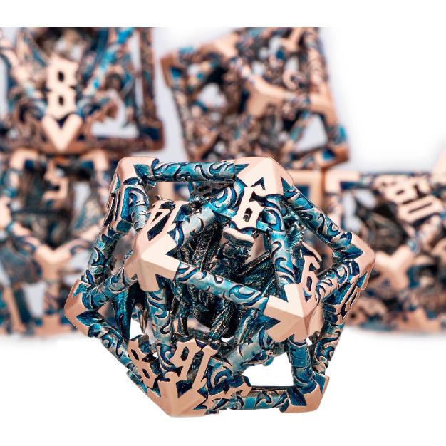 ARUOHHA Hollow DND Dice Set Copper Blue 5-Headed Dragon D and D Dice with Gift Box, Dungeons and Dragons Role Playing Games 7PCS Metal Polyhedral