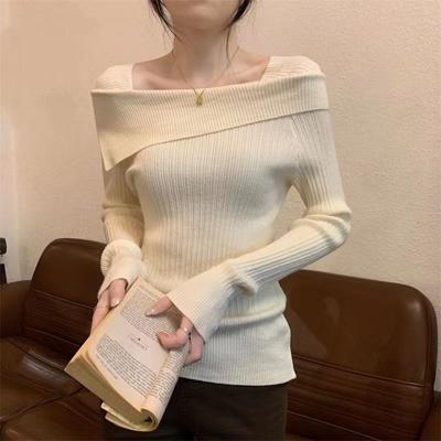 Autumn Solid Slash Neck Sexy Knitted Sweaters Women Fashion Long Sleeve Base Slim Pullovers Sweaters Tops Elegant Casual Off Shoulder Jumpers 25669