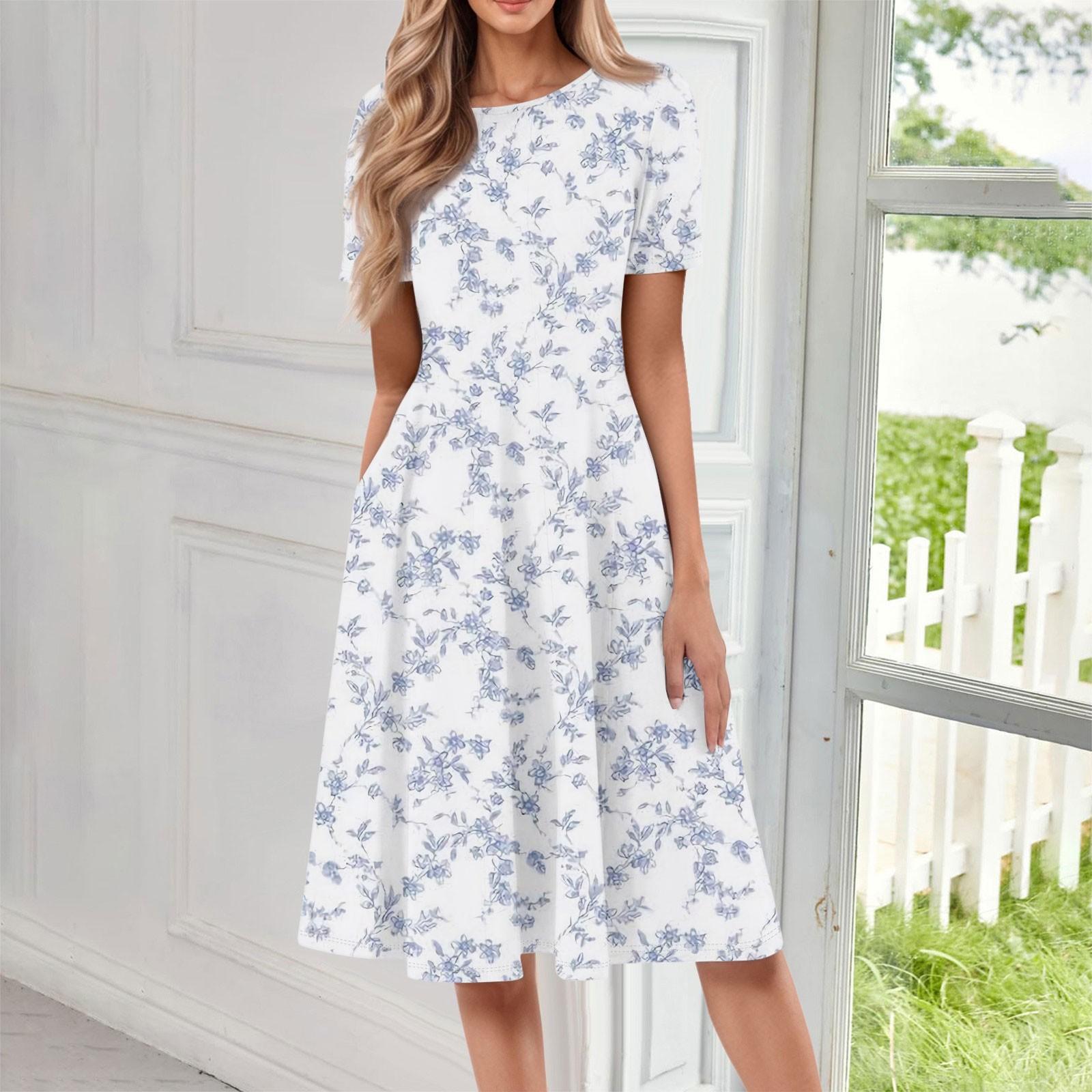 

Женское повседневное модное платье миди с круглым вырезом и коротким рукавом с цветочным принтом XXL белый