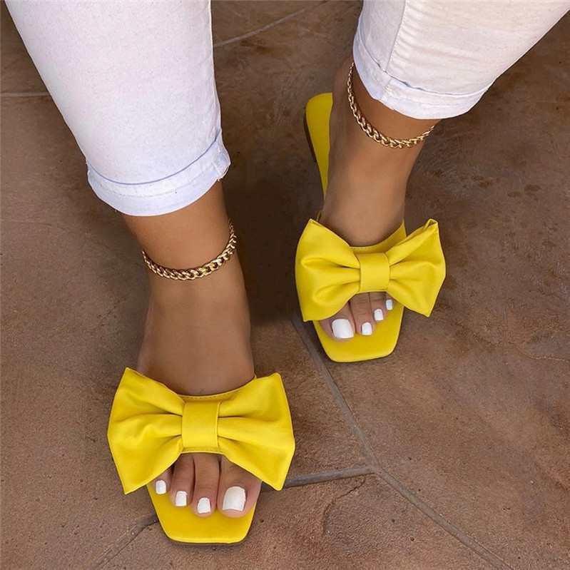 Fashion Women's Slippers Pink Leather Flat Slippers for Women Summer Square Toe Bow Sandals Woman Slides Outdoor Non-slip Beach Slippers