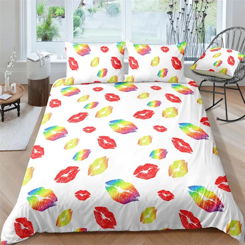 Housse de couette impression 3D Taille King Ensemble de literie Amour Motif Baisers Lèvres Housse de couette Décoratif Pour Femmes Filles Amoureux