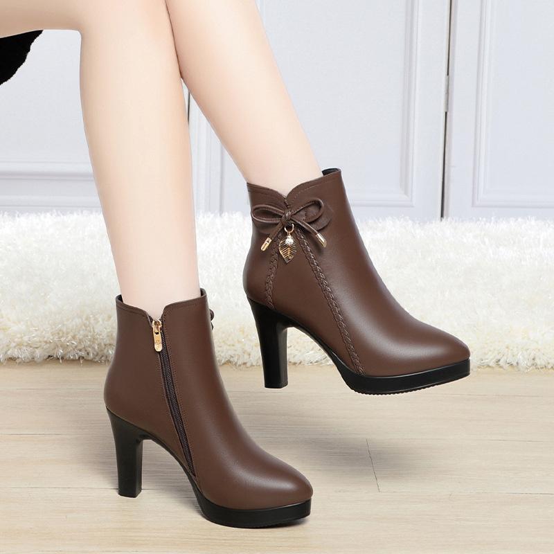 Μπότες με Ψηλό Τακούνι από Βελούδο Πλούσιο Φθινόπωρο Χειμώνας Νέα Γυναικεία Βαμβακερά Παπούτσια Φερμουάρ Μαύρο Αδιάβροχο Χοντρό Τακούνι Μονό Κοντό Παπούτσι