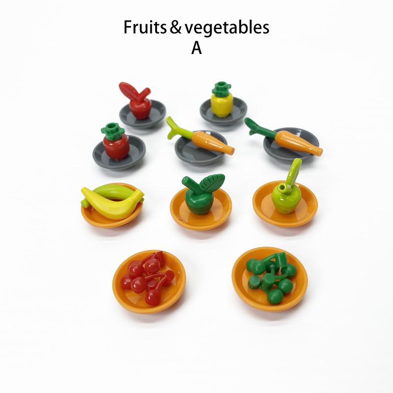 MOC Bausteine Kompatibel mit Lebensmittelmarkt Ausstellungsständer City Bausteine Brot Chips Brathähnchen Meeresfrüchte Obstkorb Spielzeug
