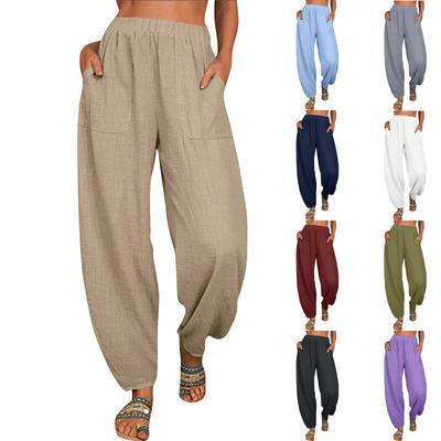 Women's Casual Pockets Elastic Waist Solid Pants Loose Long Trousers Pants