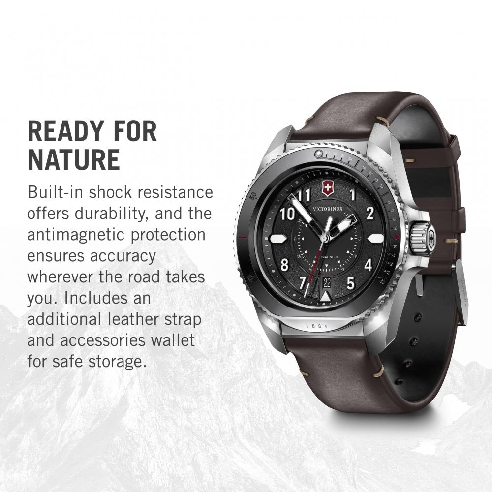 VICTORINOX JOURNEY 1884 Watch Men's Stainless Steel Case (316L) Black Dial Brown Leather Strap Comes with Replacement Rubber Strap Quartz Waterproof A