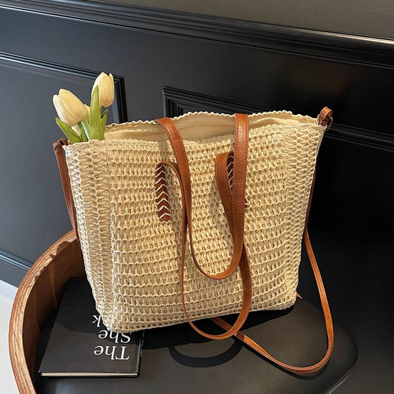 

Yogodlns French Style Large Capacity Straw Woven Bag Fashionable Trendy Design Underarm Beach Bag Retro Aesthetic Crossbody Bag 39x10x31cm бежевый
