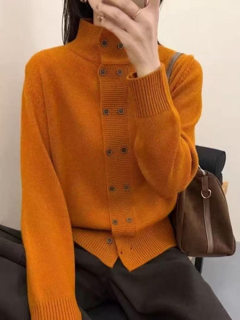 Korean double-breasted stand-up neck knitted cardigan women's autumn and winter design sense temperament loose sweater jacket huge good-looking top