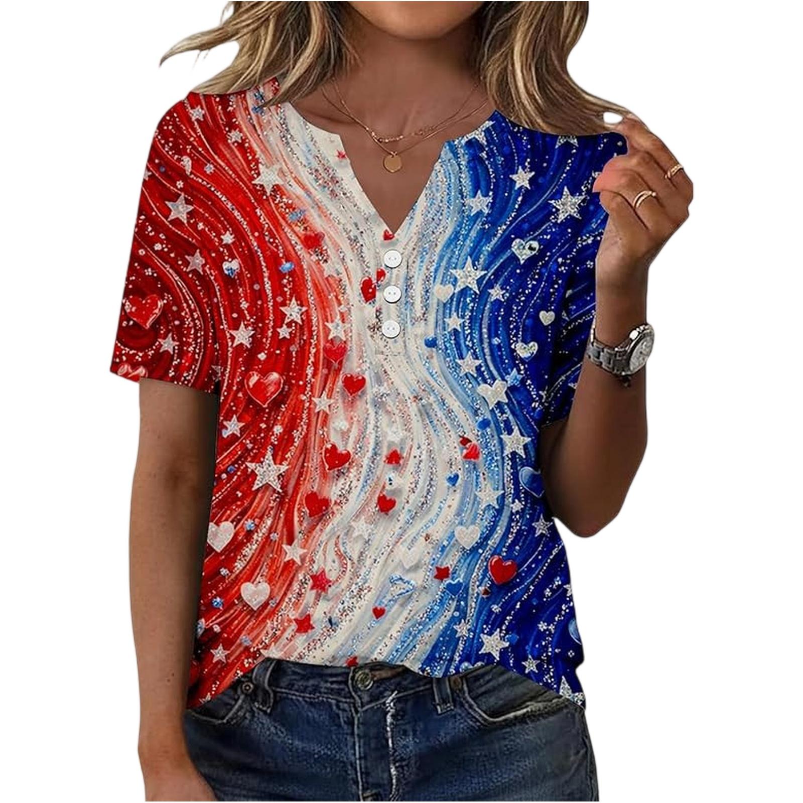 

Women V Neck Button Short Sleeve T Shirt Summer Top with Star and Heart Print Loose Fit Casual Blouse for Daily Wear XL кавун червоний колір